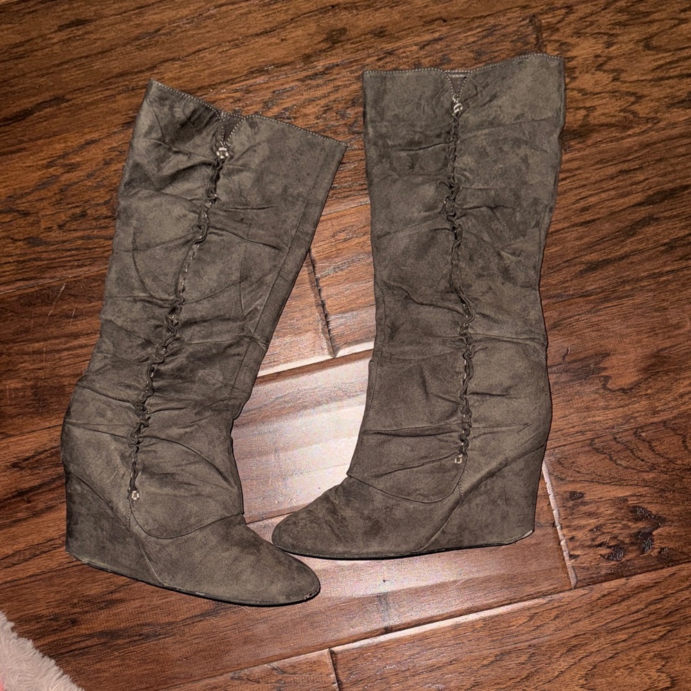 Mia Renee Stylish Womens Charcoal Gray Suede Wedge Boots Highheel Tall Boots 8.5